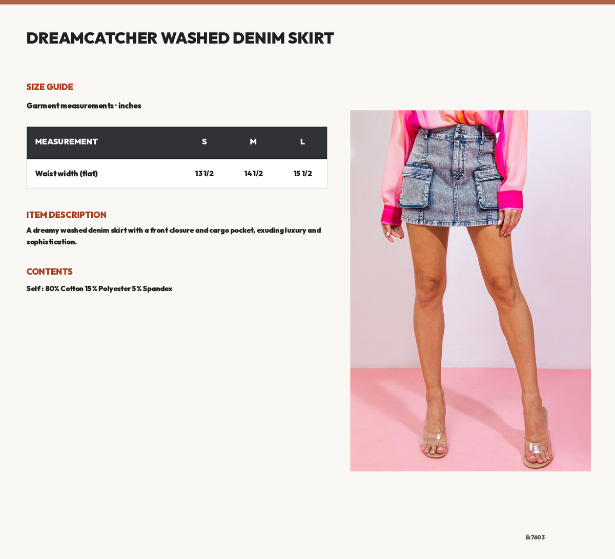DREAMCATCHER WASHED DENIM SKIRT size chart