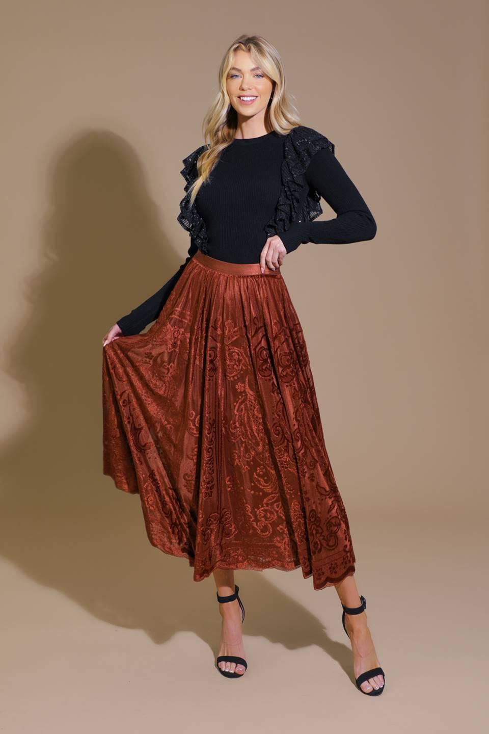 EASE MY MIND VELVET MIDI SKIRT.