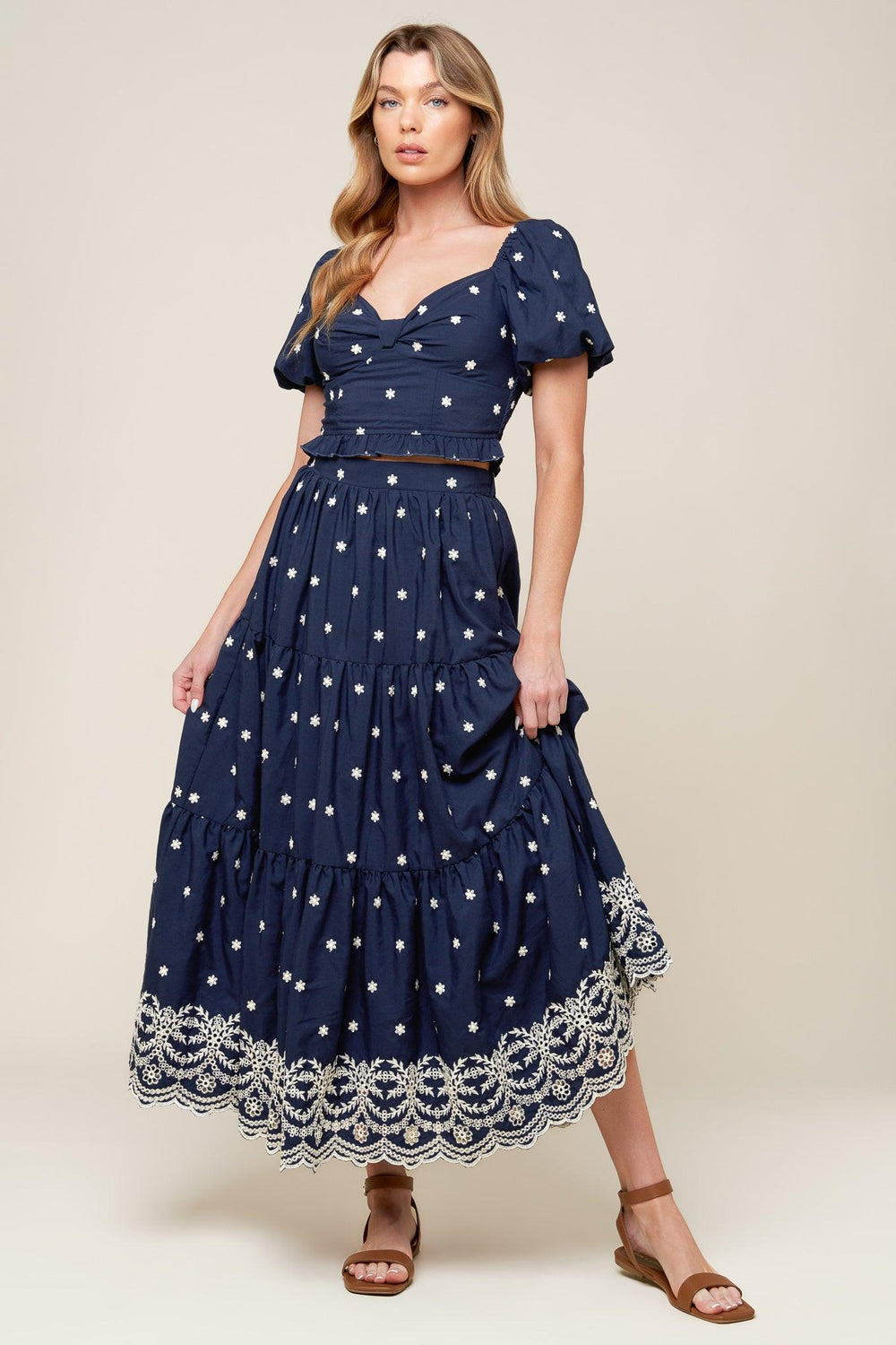 BEBE ALERT NAVY WOVEN MIDI SKIRT.