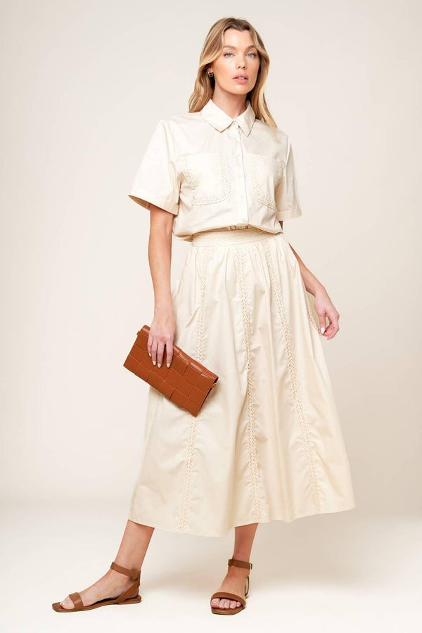 LAYTON CREAM WOVEN MIDI SKIRT.