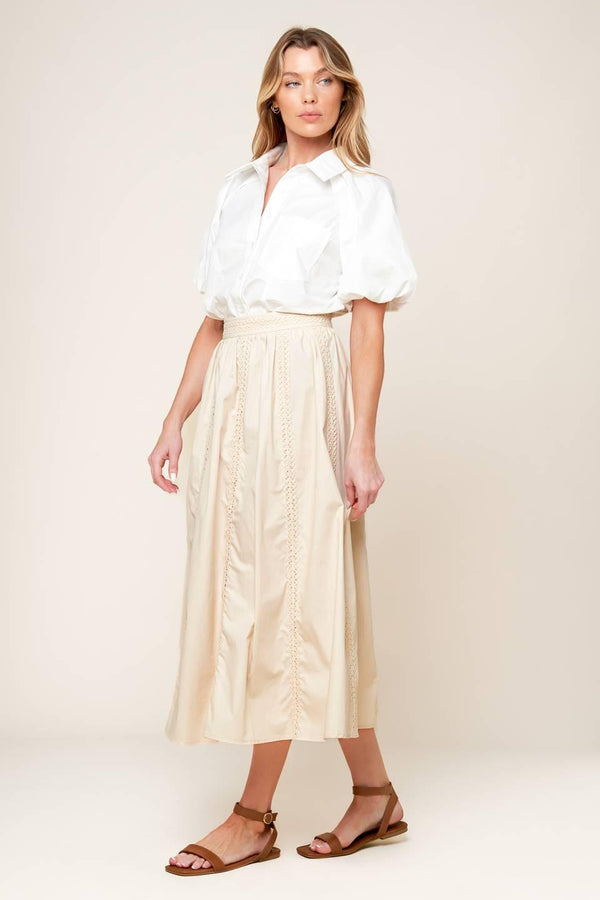 LAYTON CREAM WOVEN MIDI SKIRT.