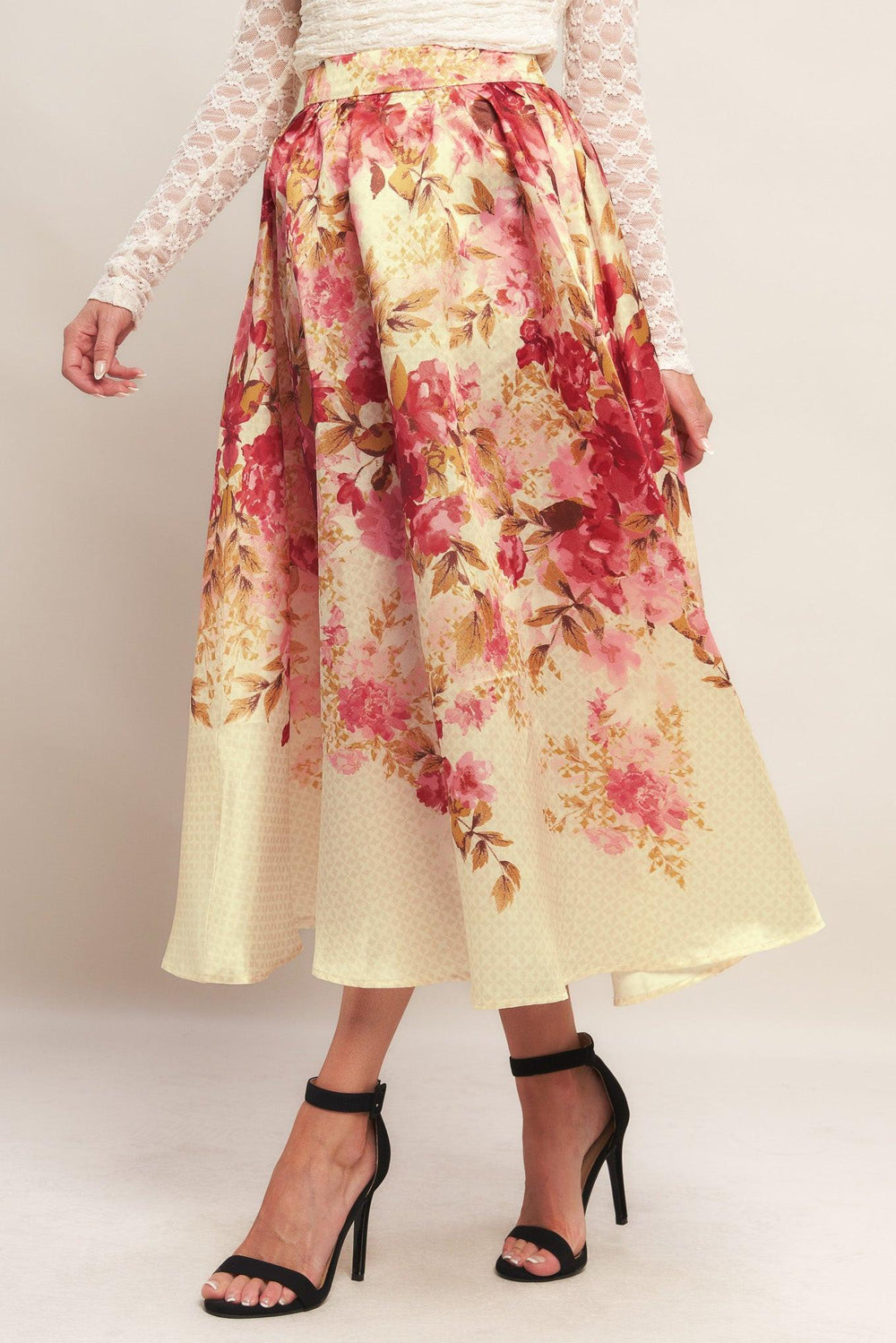 A printed woven full midi skirt with back zipper closure.
