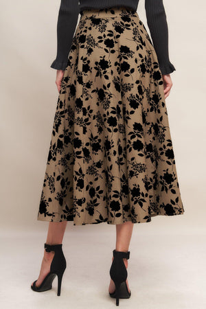 A woven flocking circle skirt with side zipper closure