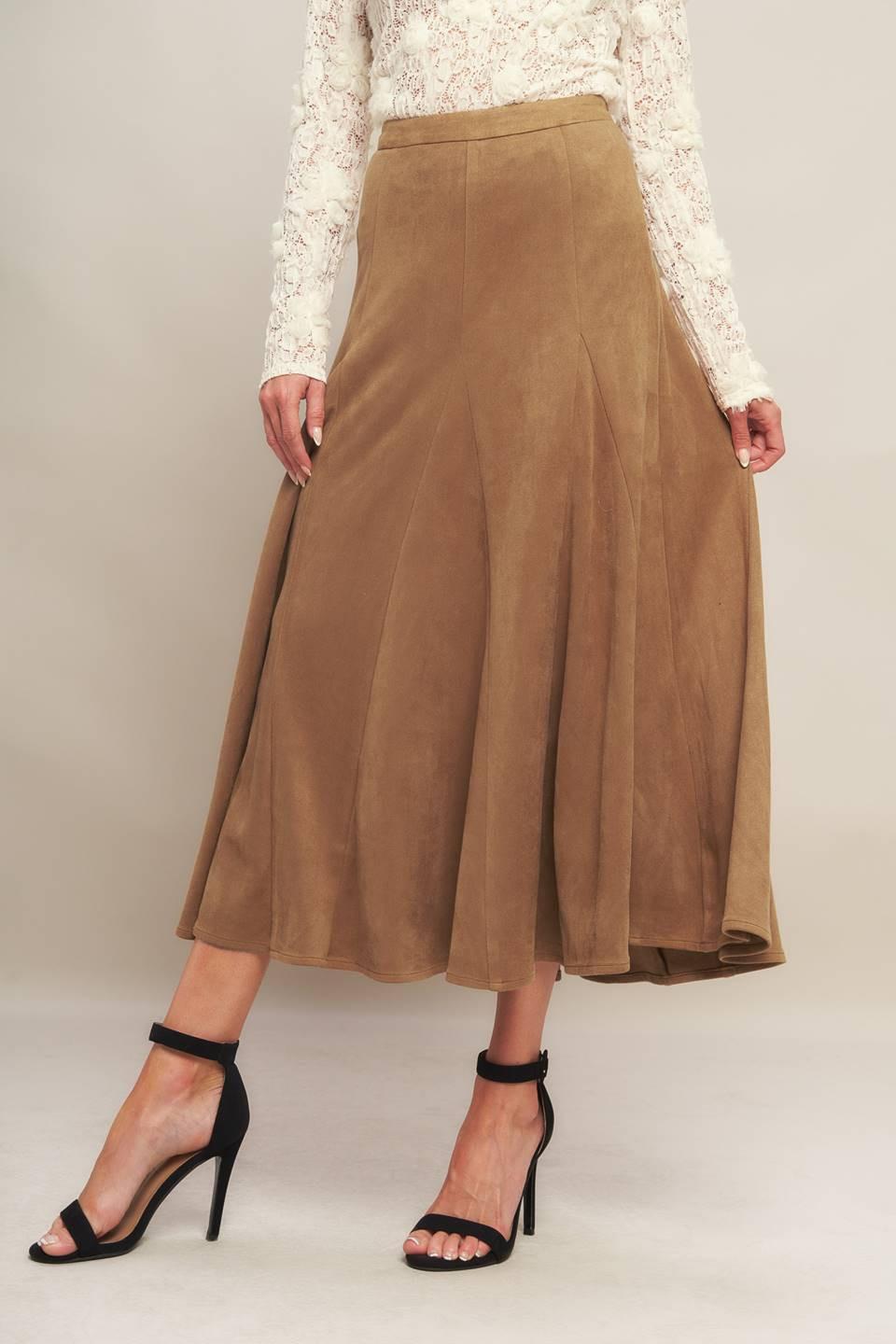 A faux suede midi skirt with back zipper closure
