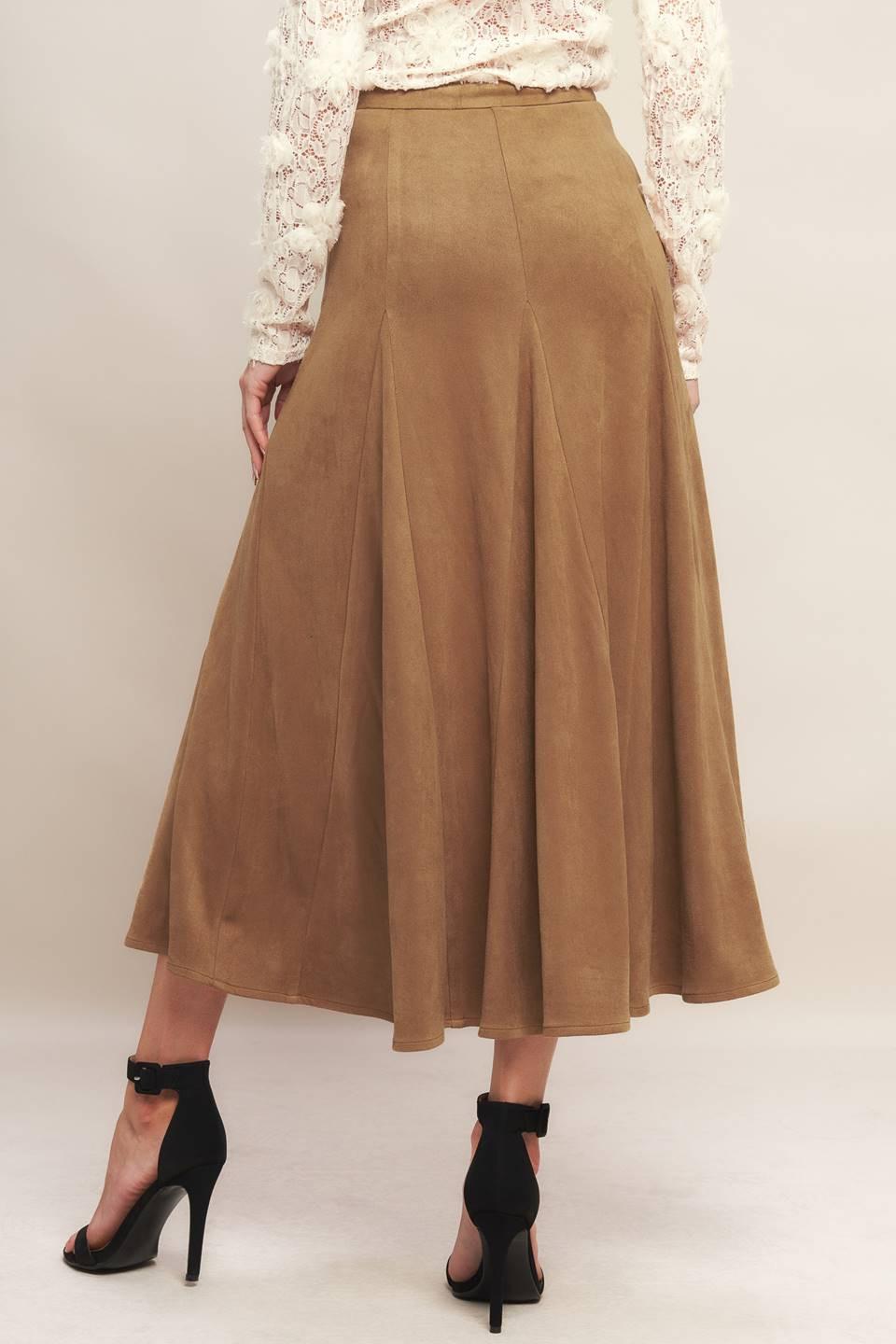 A faux suede midi skirt with back zipper closure
