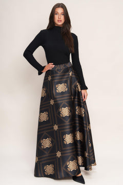 A printed woven maxi circle skirt with side zipper closure
