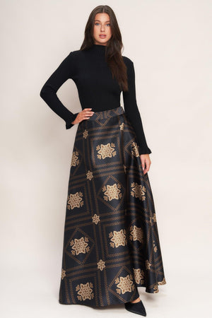 A printed woven maxi circle skirt with side zipper closure