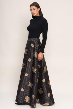 A printed woven maxi circle skirt with side zipper closure