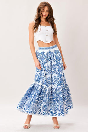 AZURE ORNATE WOVEN FULL MIDI SKIRT.