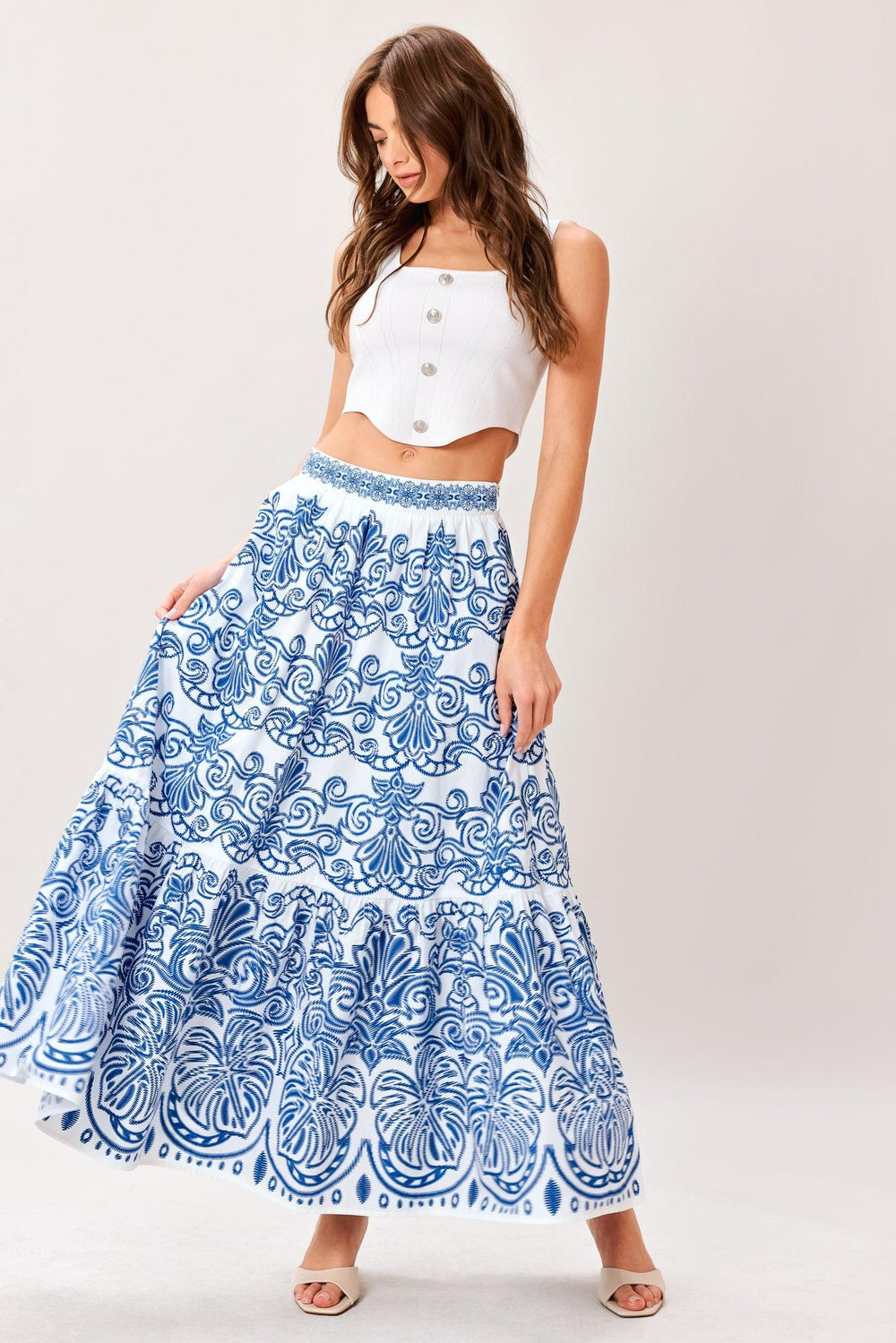 AZURE ORNATE WOVEN FULL MIDI SKIRT.