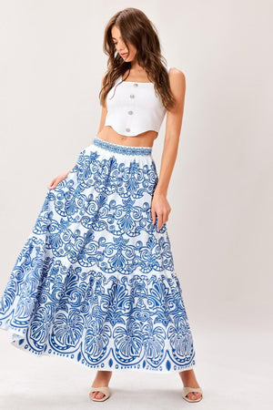 AZURE ORNATE WOVEN FULL MIDI SKIRT.