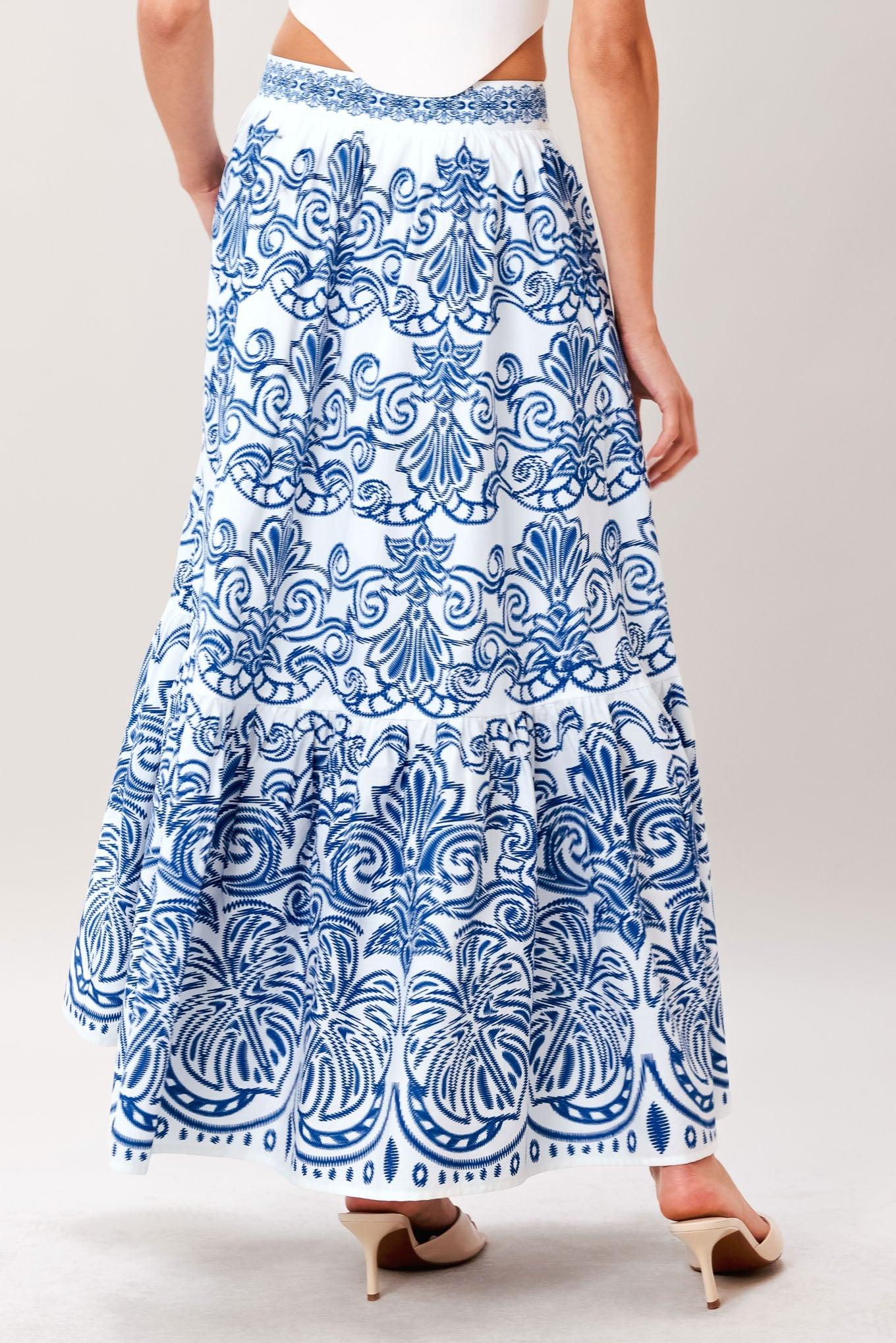 A printed woven full midi skirt with single tier and side zipper closure