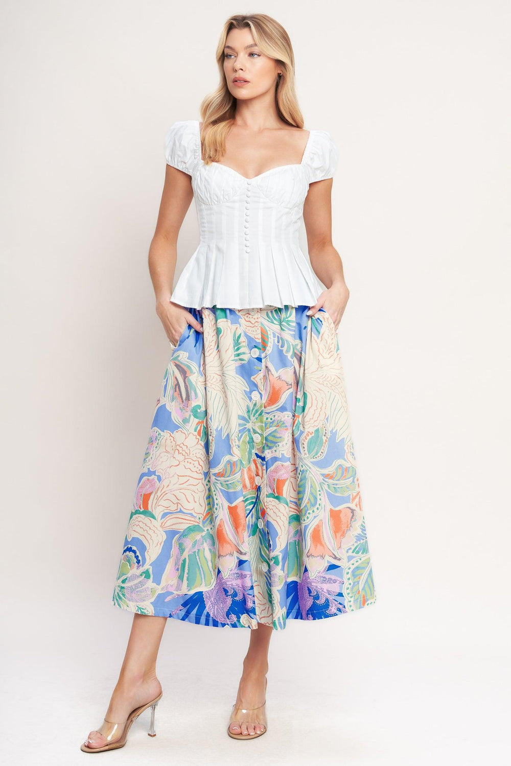A printed woven full skirt with front button closure

Details:

Self : 100% Cotton

Size & Fit

-Model is 5`8" And Wearing Size Small
-Measurements Taken From Size Small
-Approx. Length: 36"