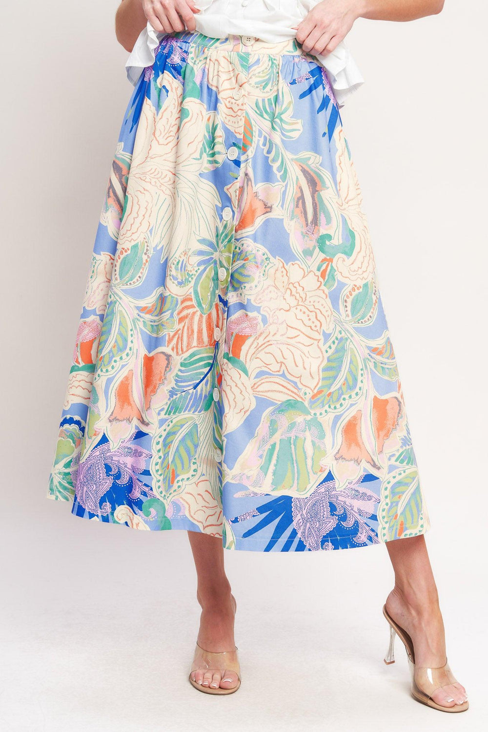 A printed woven full skirt with front button closure

Details:

Self : 100% Cotton

Size & Fit

-Model is 5`8" And Wearing Size Small
-Measurements Taken From Size Small
-Approx. Length: 36"