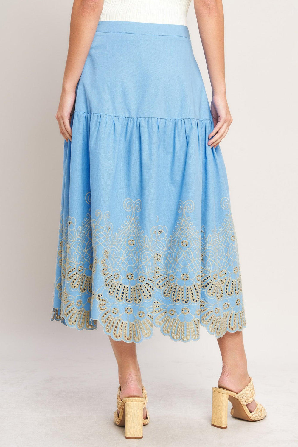 SKY BLOOM WOVEN EYELET MIDI SKIRT.