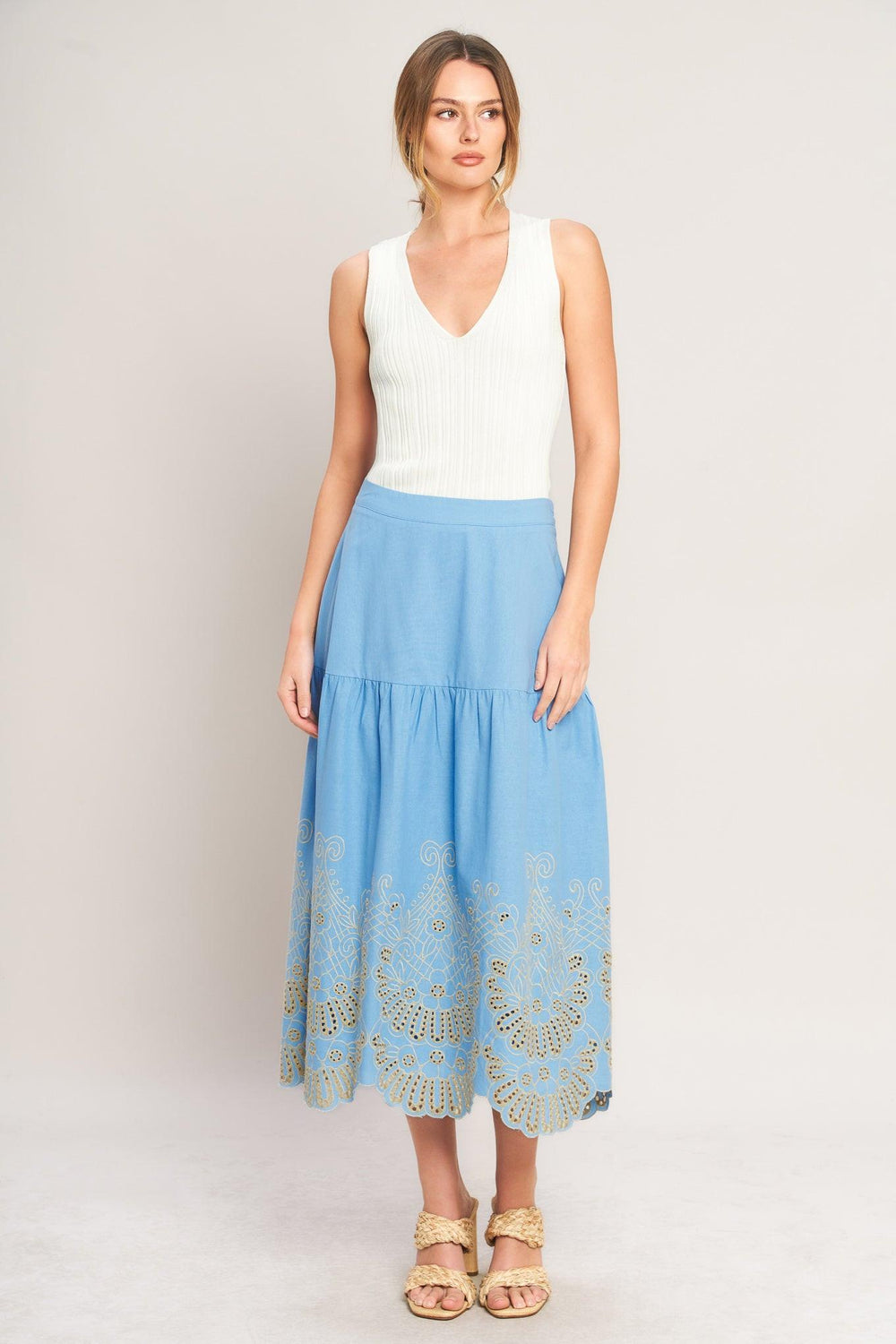 SKY BLOOM WOVEN EYELET MIDI SKIRT.