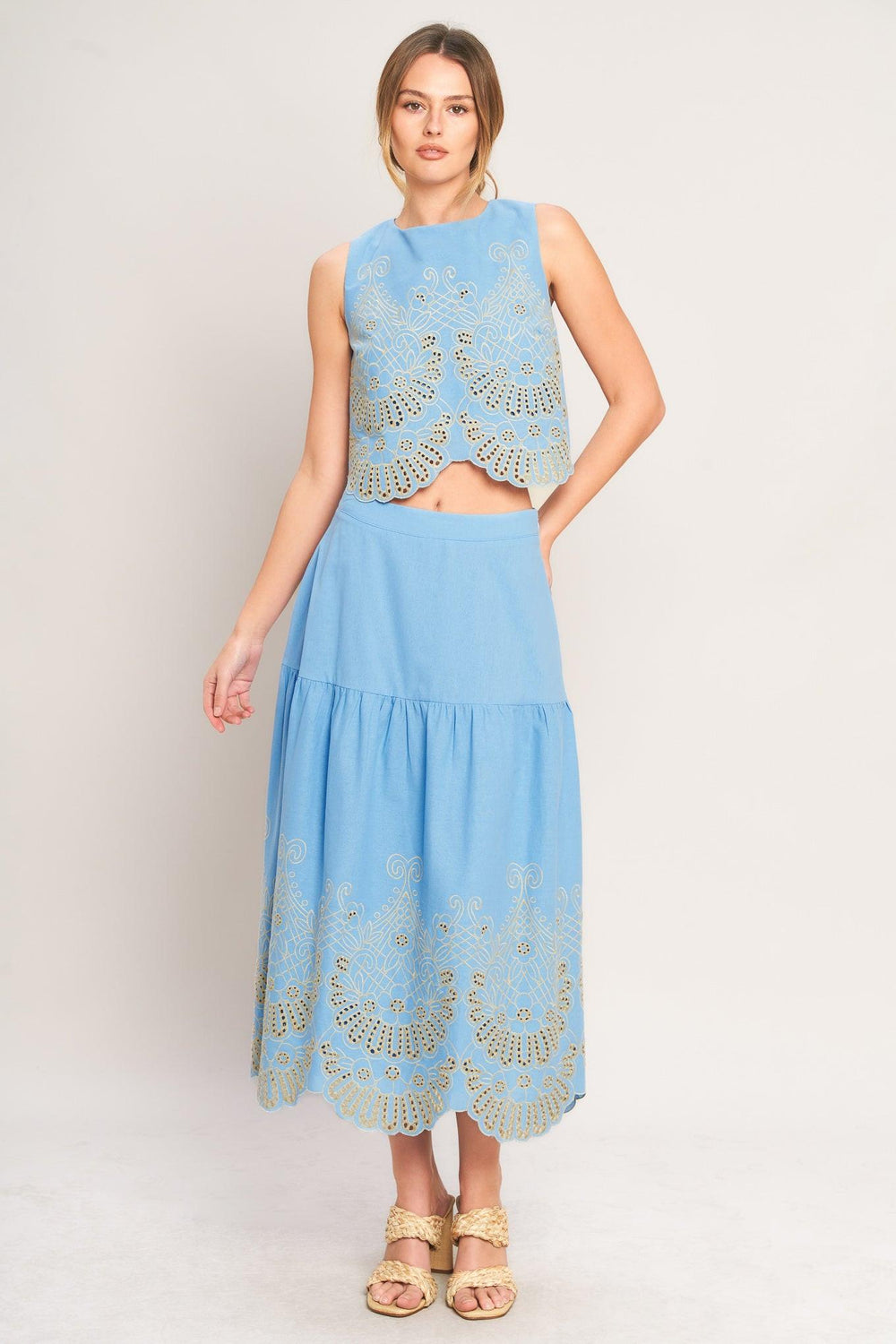 SKY BLOOM WOVEN EYELET MIDI SKIRT.