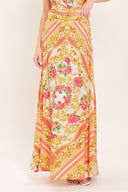 Long floral and gold patterned midi circle skirt with side zipper closure | Flying Tomato