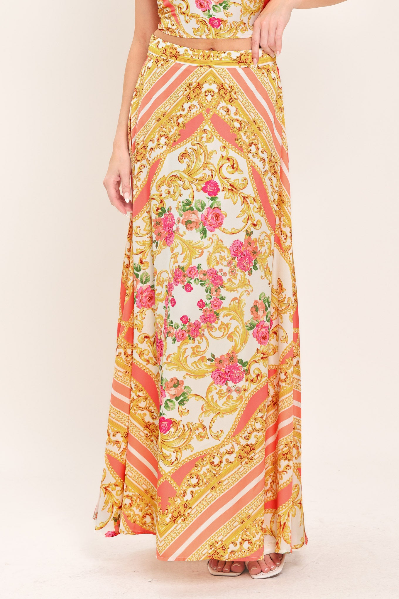 Long floral and gold patterned midi circle skirt with side zipper closure | Flying Tomato