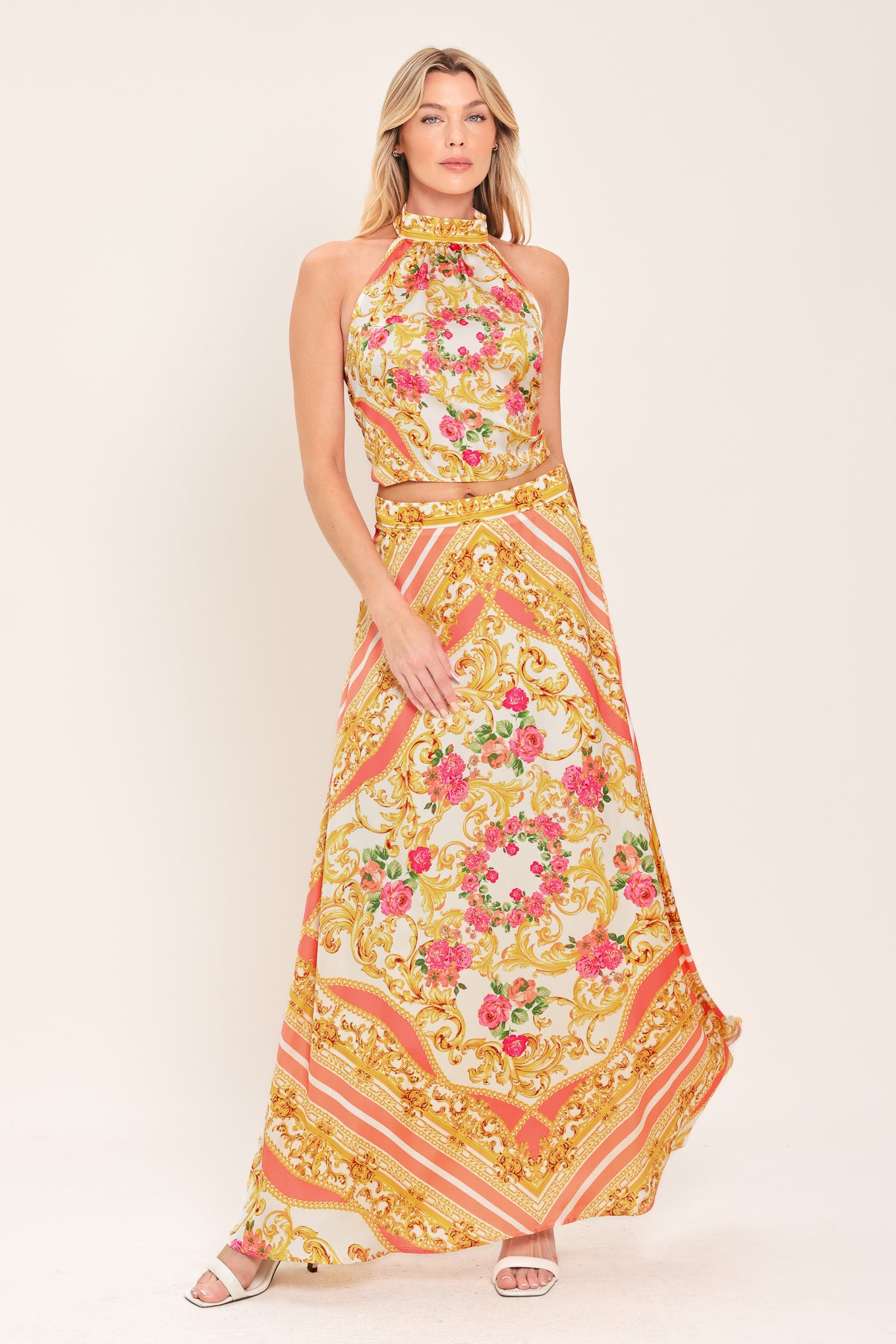 Long floral and gold patterned midi circle skirt with side zipper closure | Flying Tomato