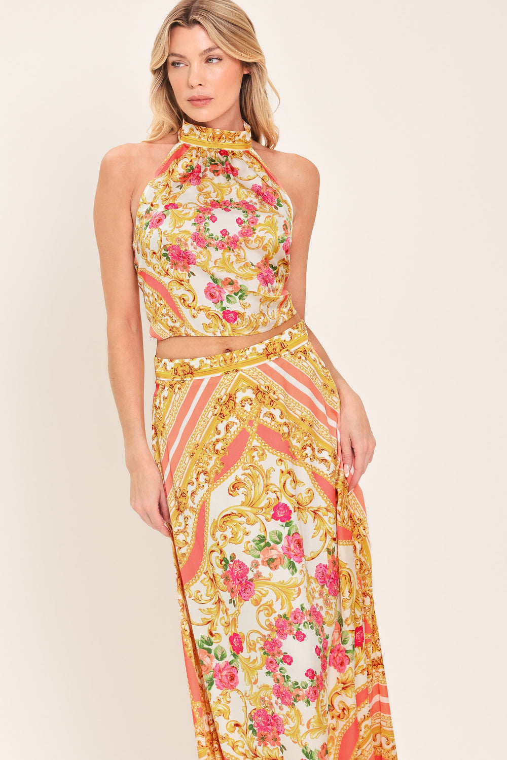 Long floral and gold patterned midi circle skirt with side zipper closure | Flying Tomato