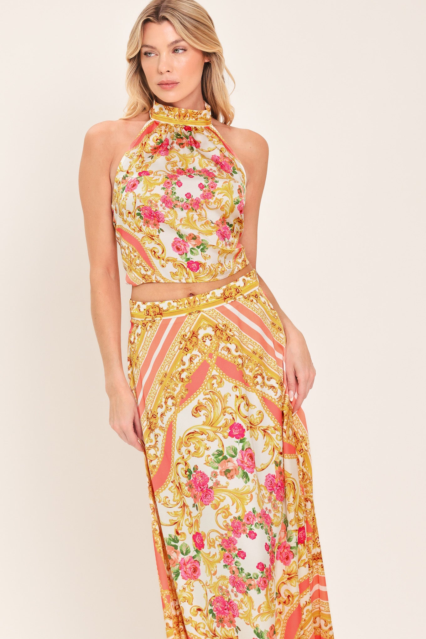 Long floral and gold patterned midi circle skirt with side zipper closure | Flying Tomato
