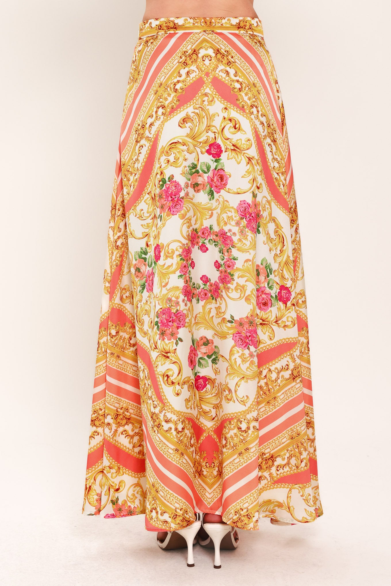 Long floral and gold patterned midi circle skirt with side zipper closure | Flying Tomato