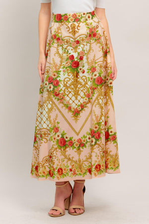 PALACE ROSE STATEMENT WOVEN CIRCLE MIDI SKIRT.