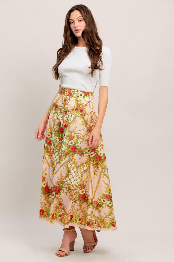 PALACE ROSE STATEMENT WOVEN CIRCLE MIDI SKIRT.