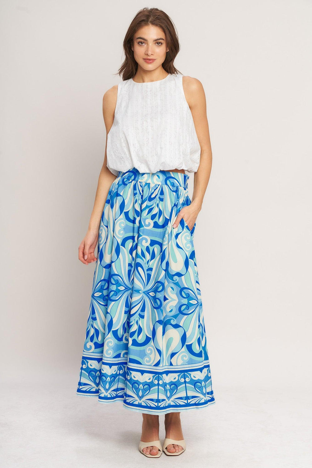 OCEAN WHIRL WOVEN FULL MIDI SKIRT.