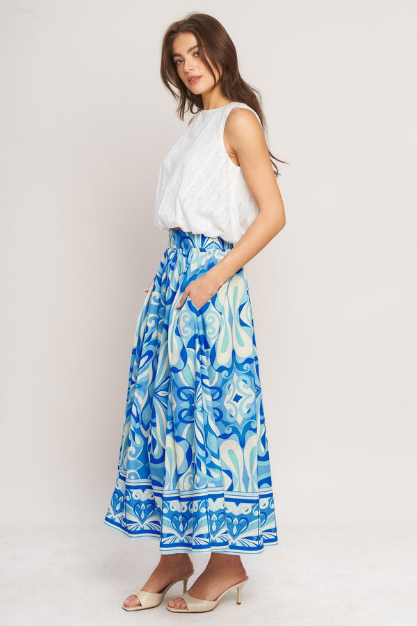 OCEAN WHIRL WOVEN FULL MIDI SKIRT.