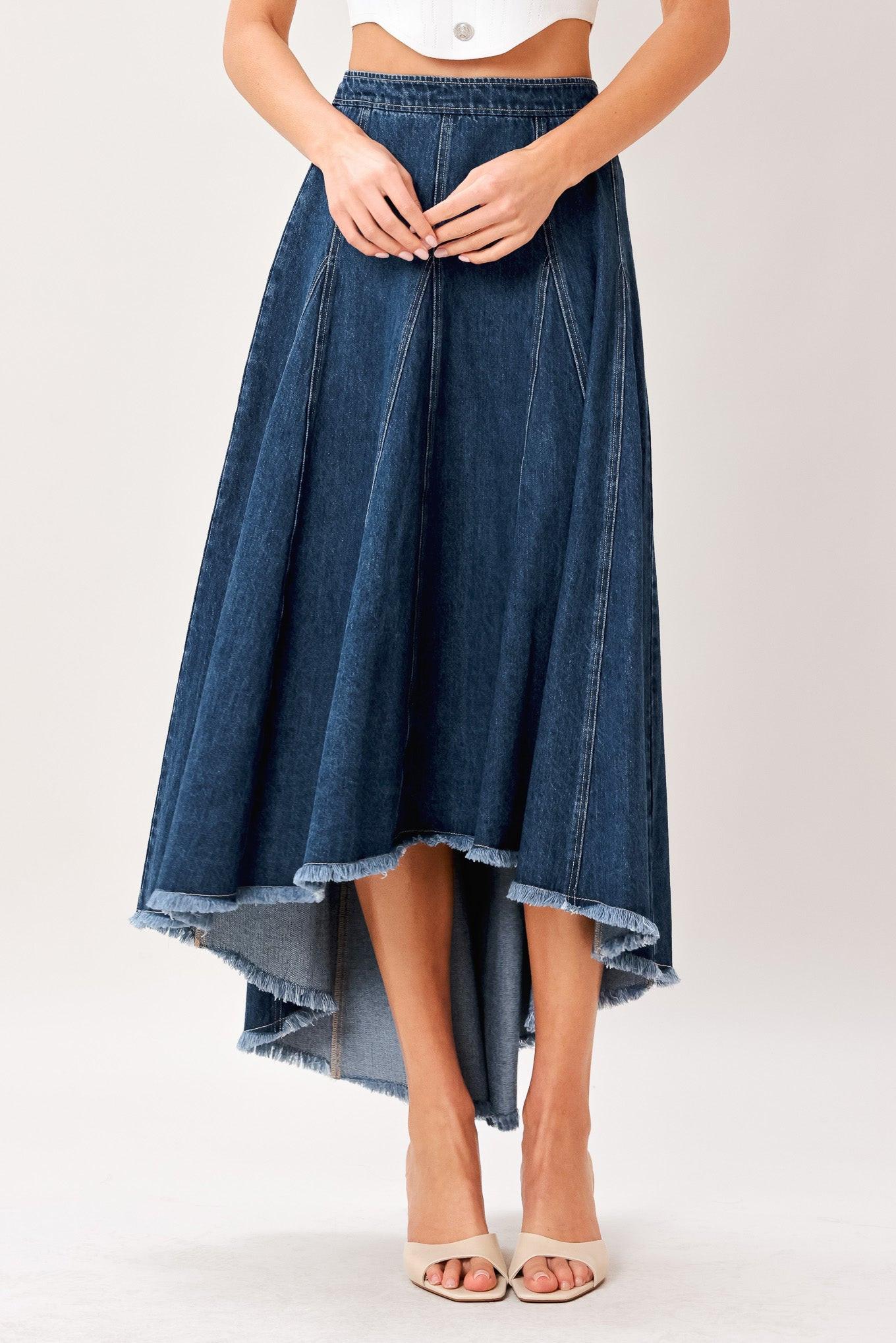 A washed denim hi-lo midi circle skirt with fray hem and back zipper closure