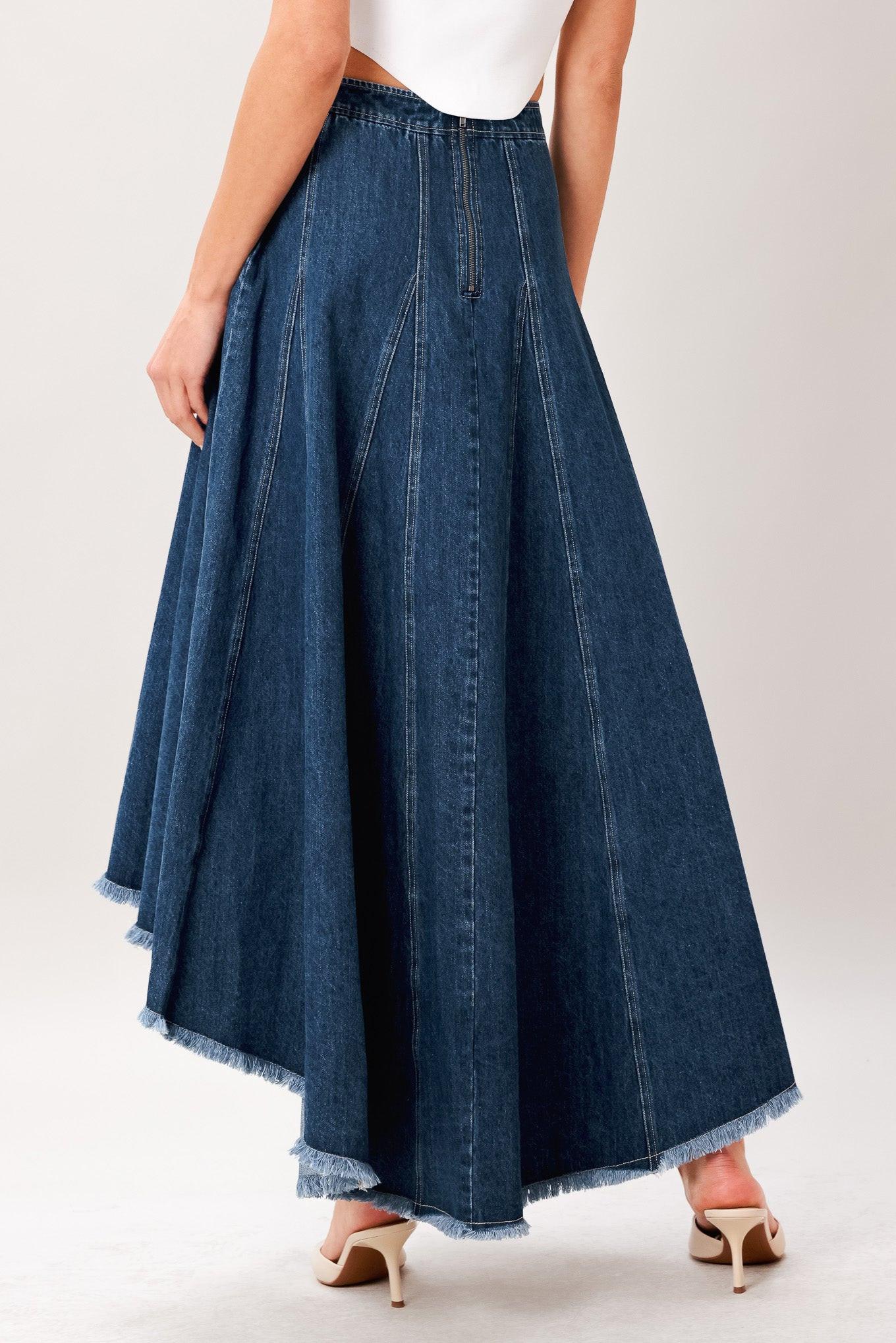 A washed denim hi-lo midi circle skirt with fray hem and back zipper closure