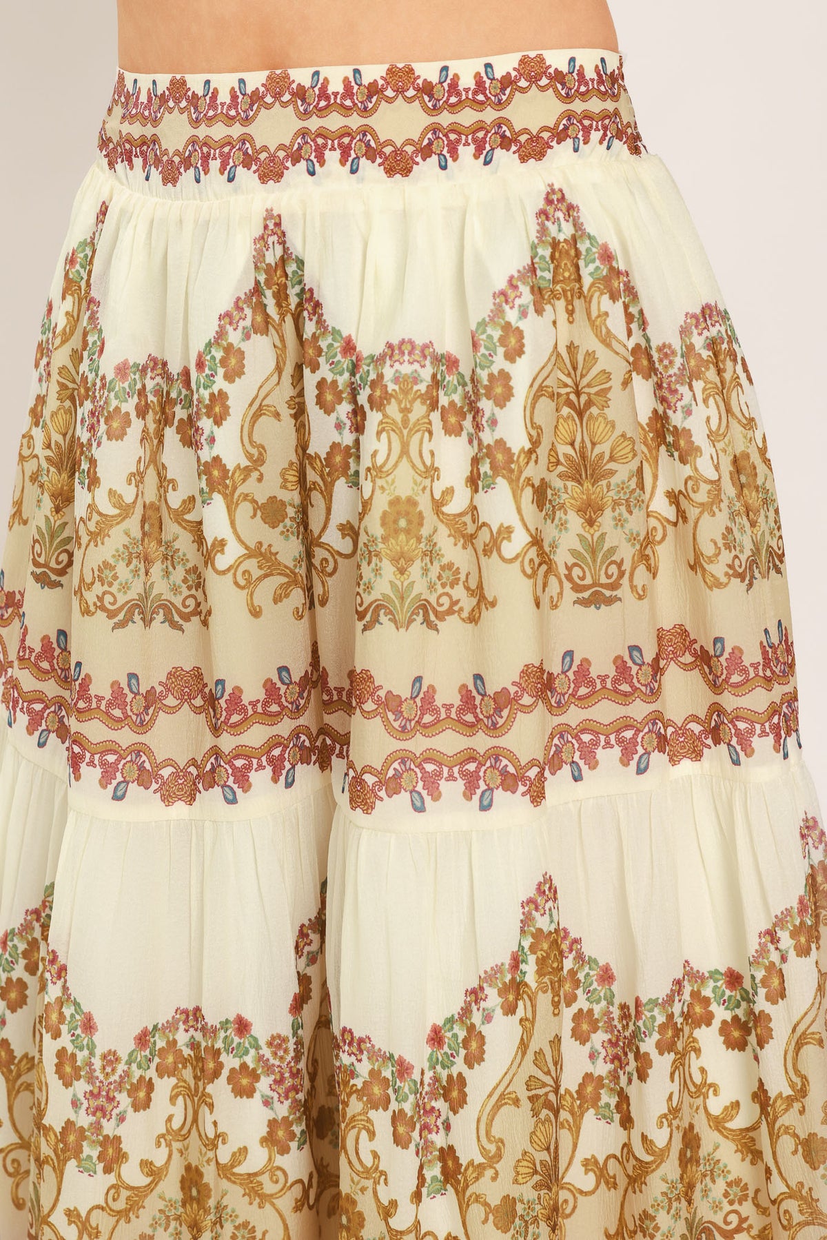 GILDED SCROLL PRINT WOVEN MAXI SKIRT