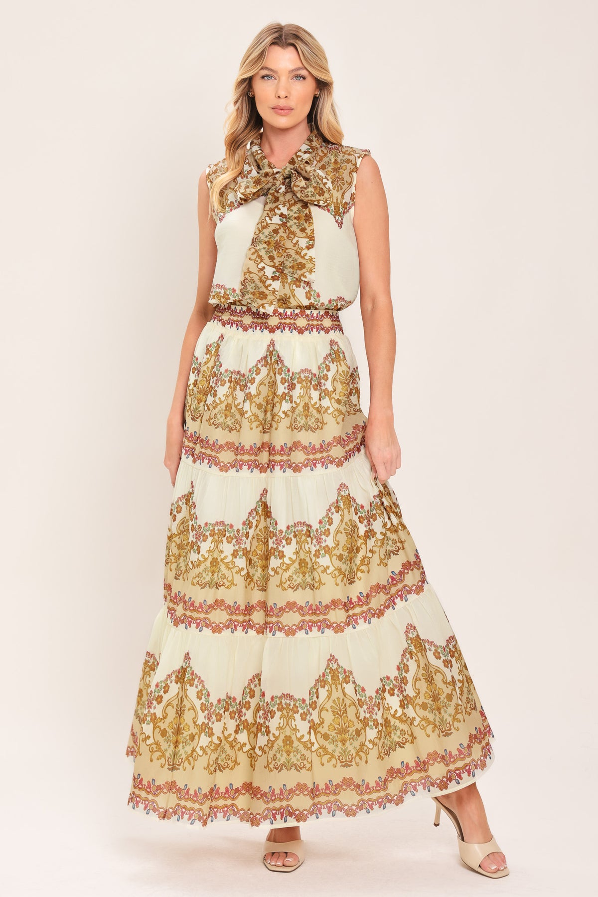 GILDED SCROLL PRINT WOVEN MAXI SKIRT