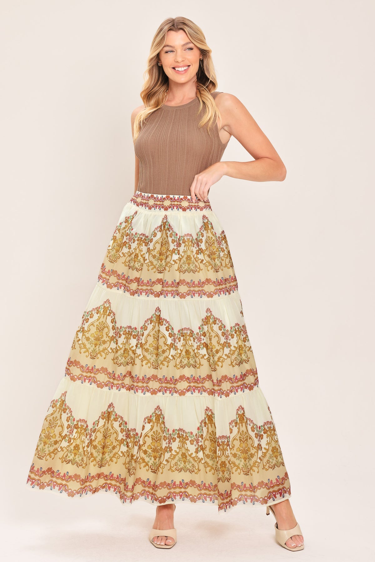 GILDED SCROLL PRINT WOVEN MAXI SKIRT