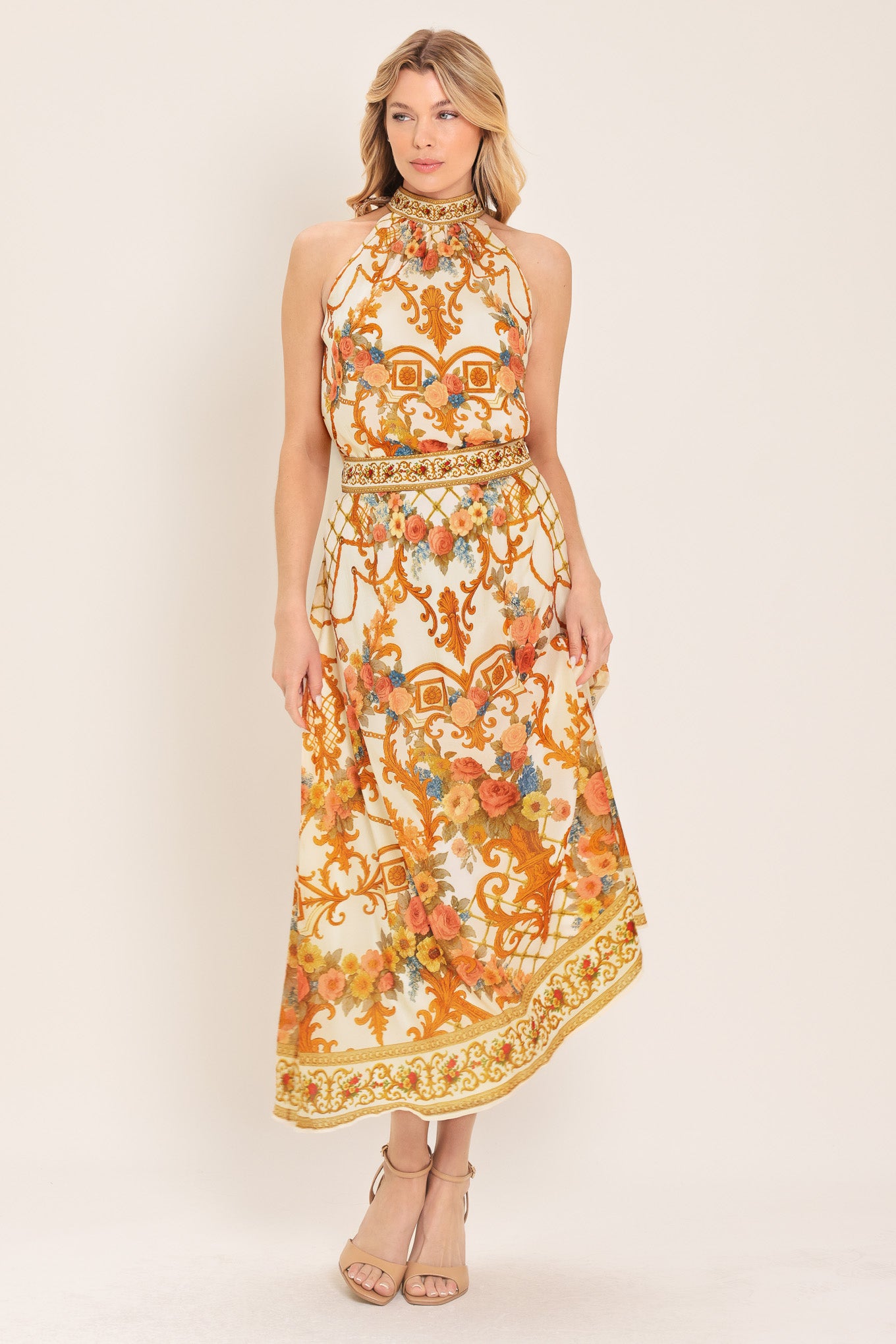 Woman wearing midi skirt with floral and geometric baroque pattern | Flying Tomato