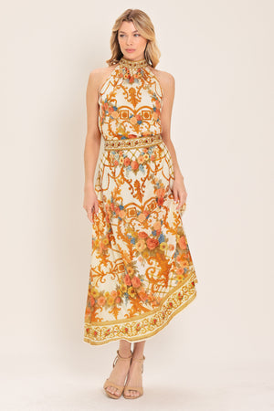 Woman wearing midi skirt with floral and geometric baroque pattern | Flying Tomato