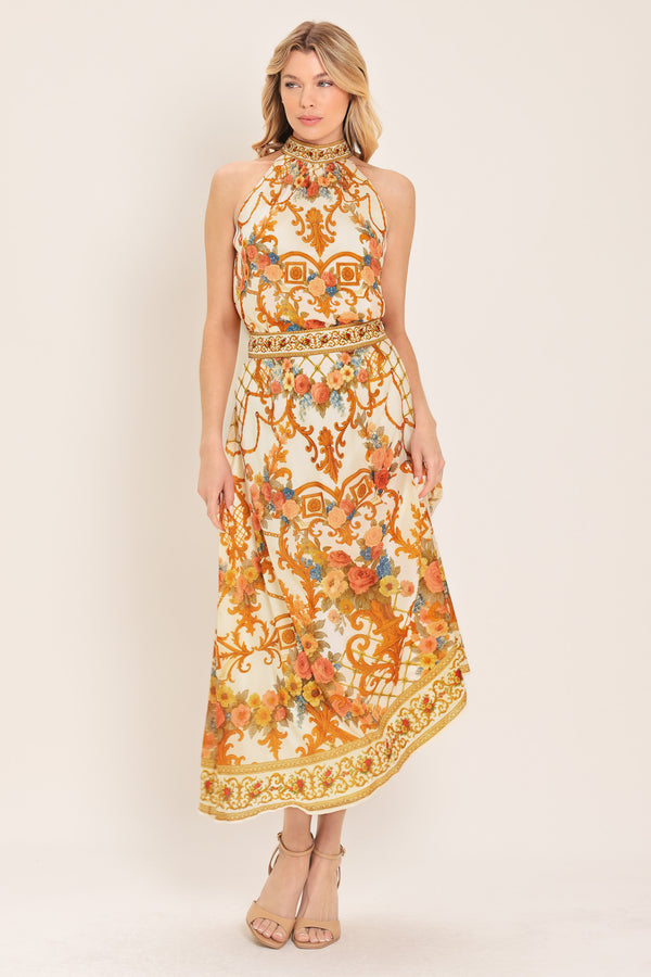 Woman wearing midi skirt with floral and geometric baroque pattern | Flying Tomato