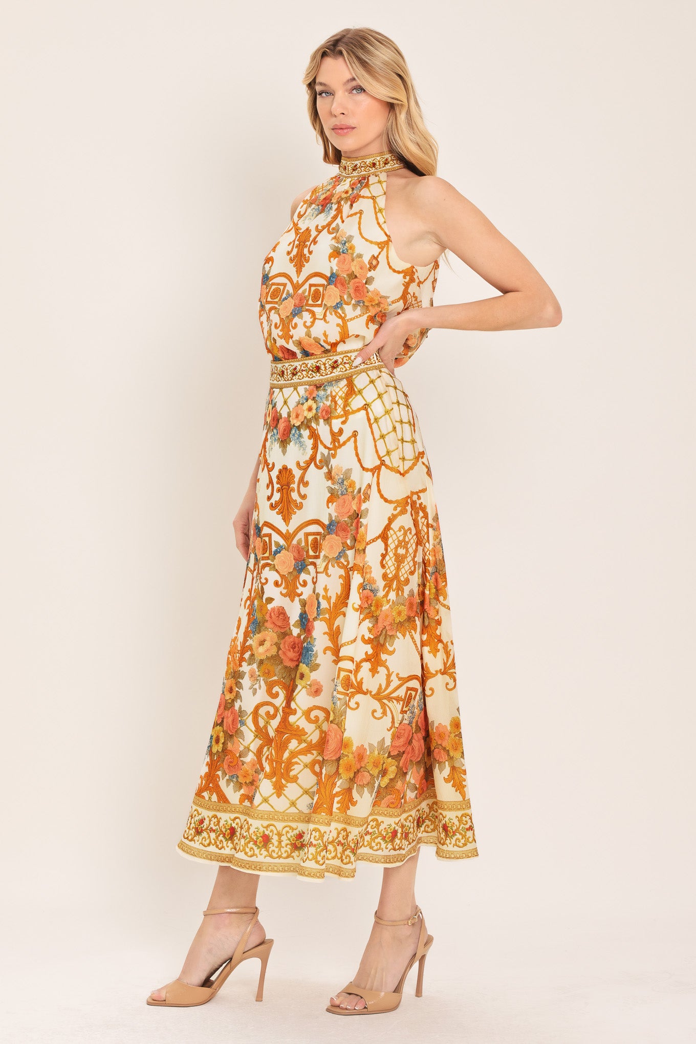 Woman wearing midi skirt with floral and geometric baroque pattern | Flying Tomato