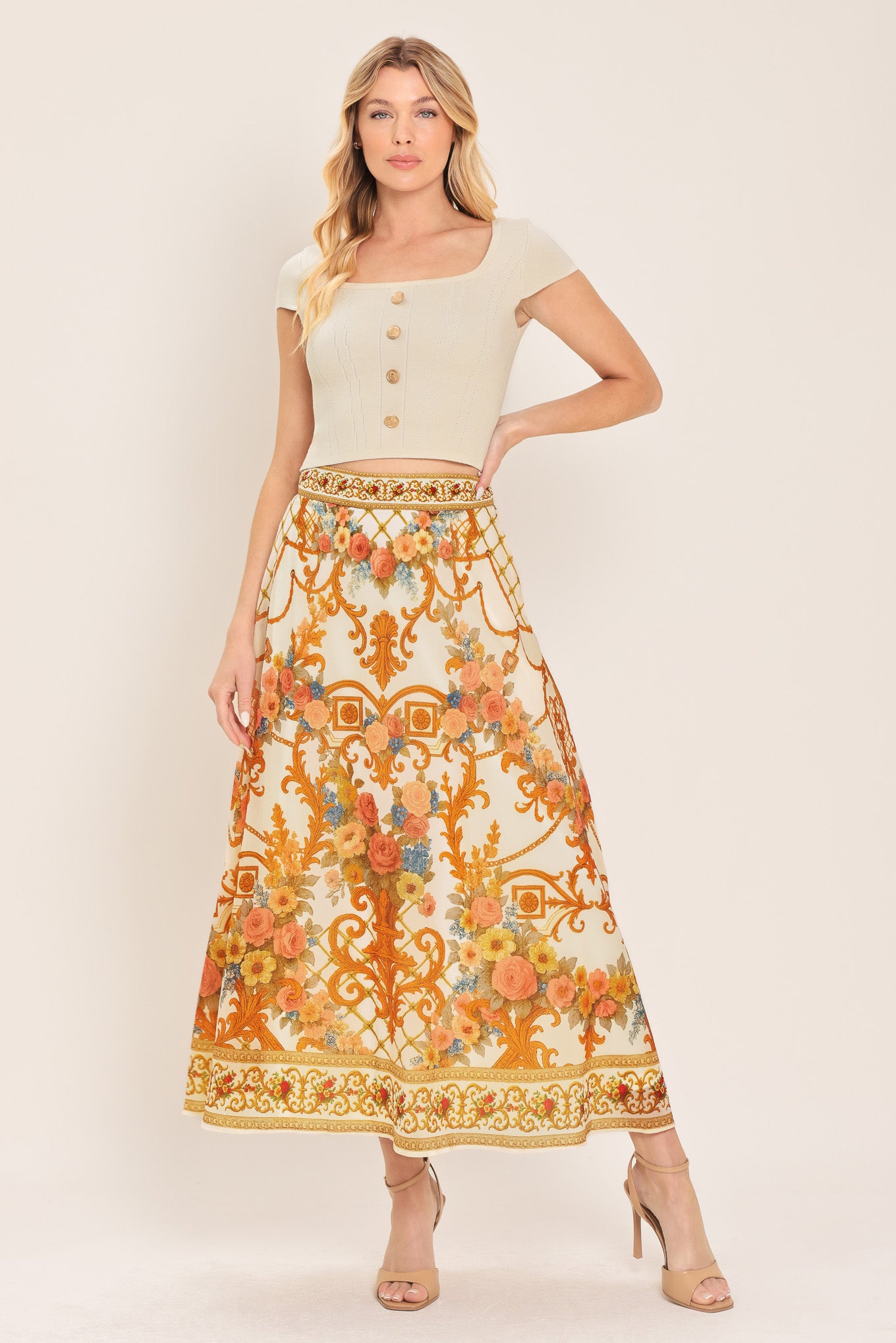 Woman wearing midi skirt with floral and geometric baroque pattern | Flying Tomato
