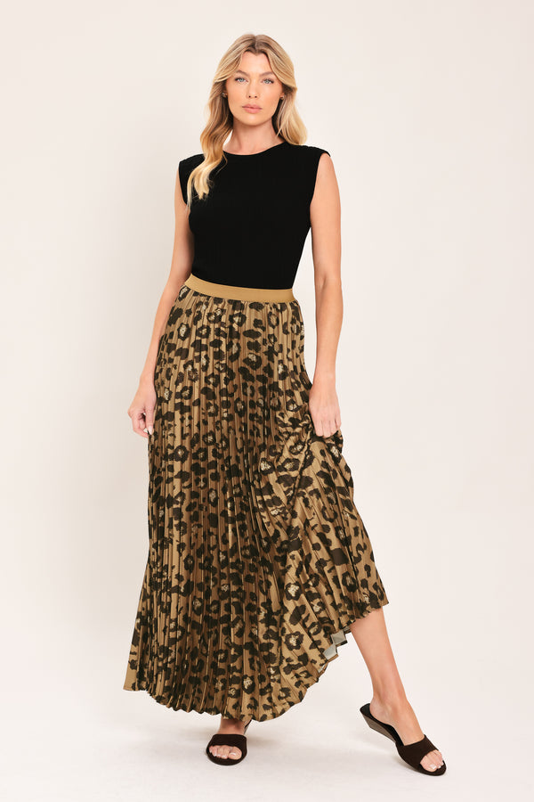 A pleated maxi skirt with a leopard print pattern in brown and black, featuring a solid tan waistband | Flying Tomato