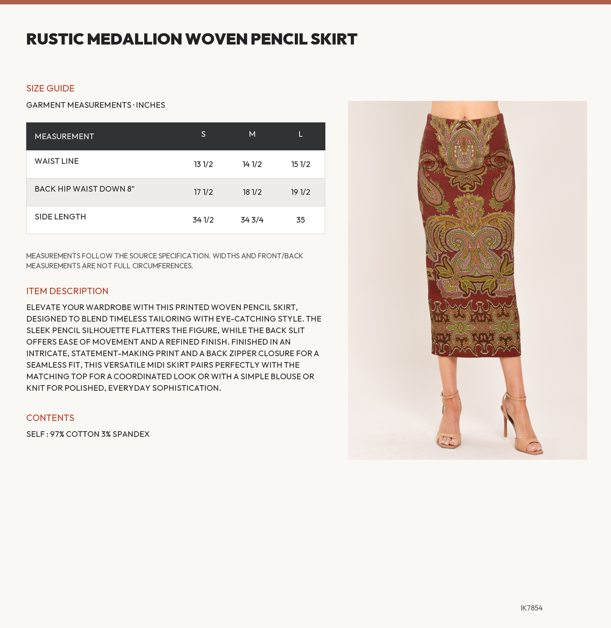 RUSTIC MEDALLION WOVEN PENCIL SKIRT size chart
