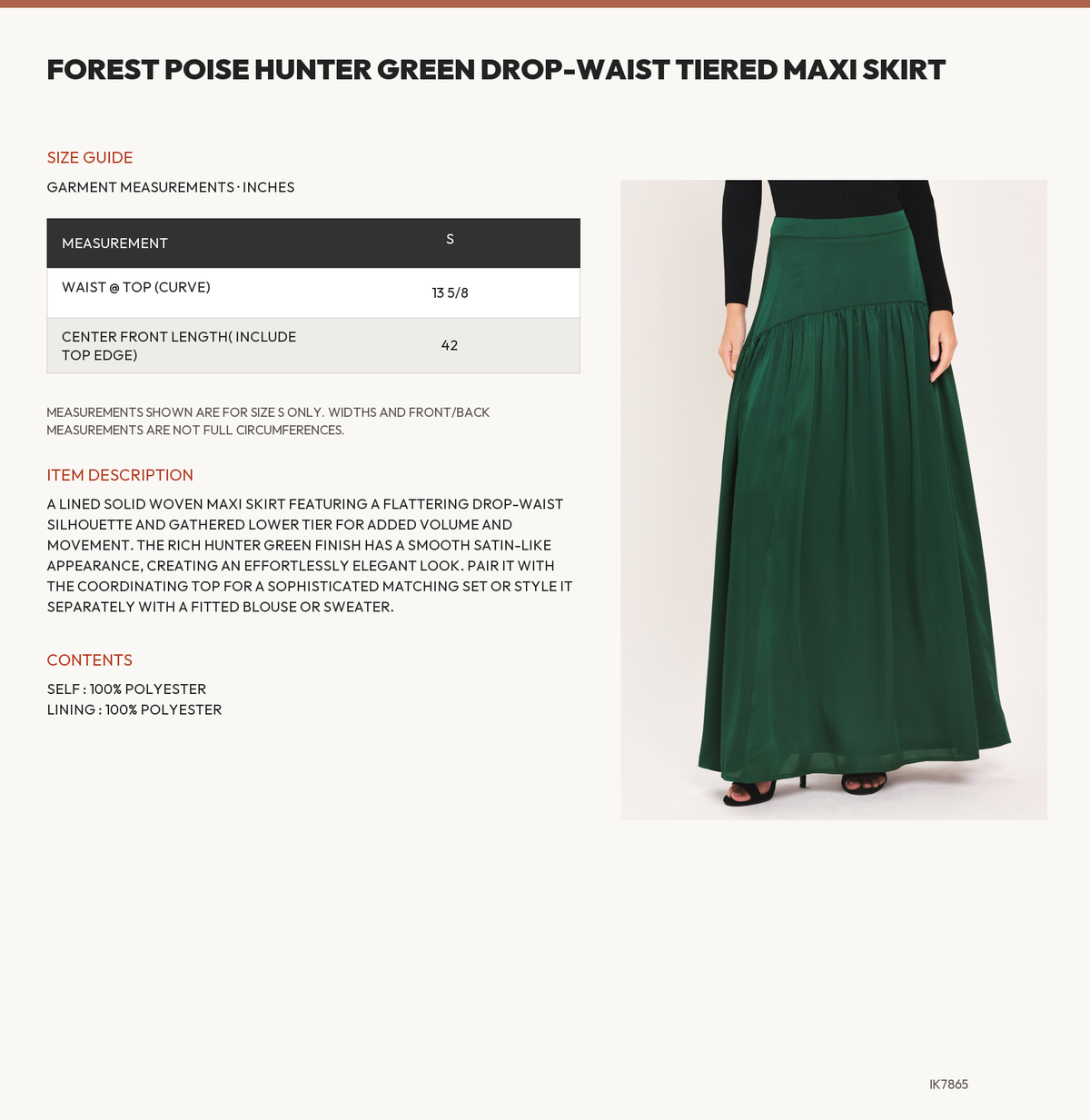 FOREST POISE HUNTER GREEN DROP-WAIST TIERED MAXI SKIRT size chart