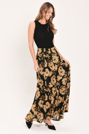 A high-waisted, power mesh maxi skirt with a black base and a large beige floral pattern | Flying Tomato