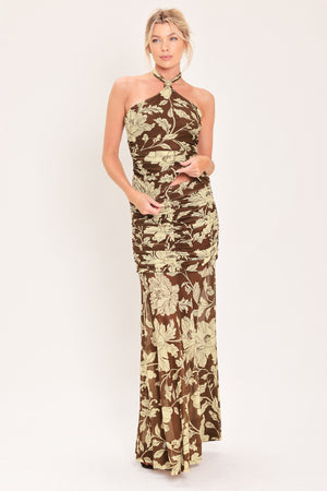 A woman modeling a power mesh maxi skirt brown and beige floral print | Flying Tomato