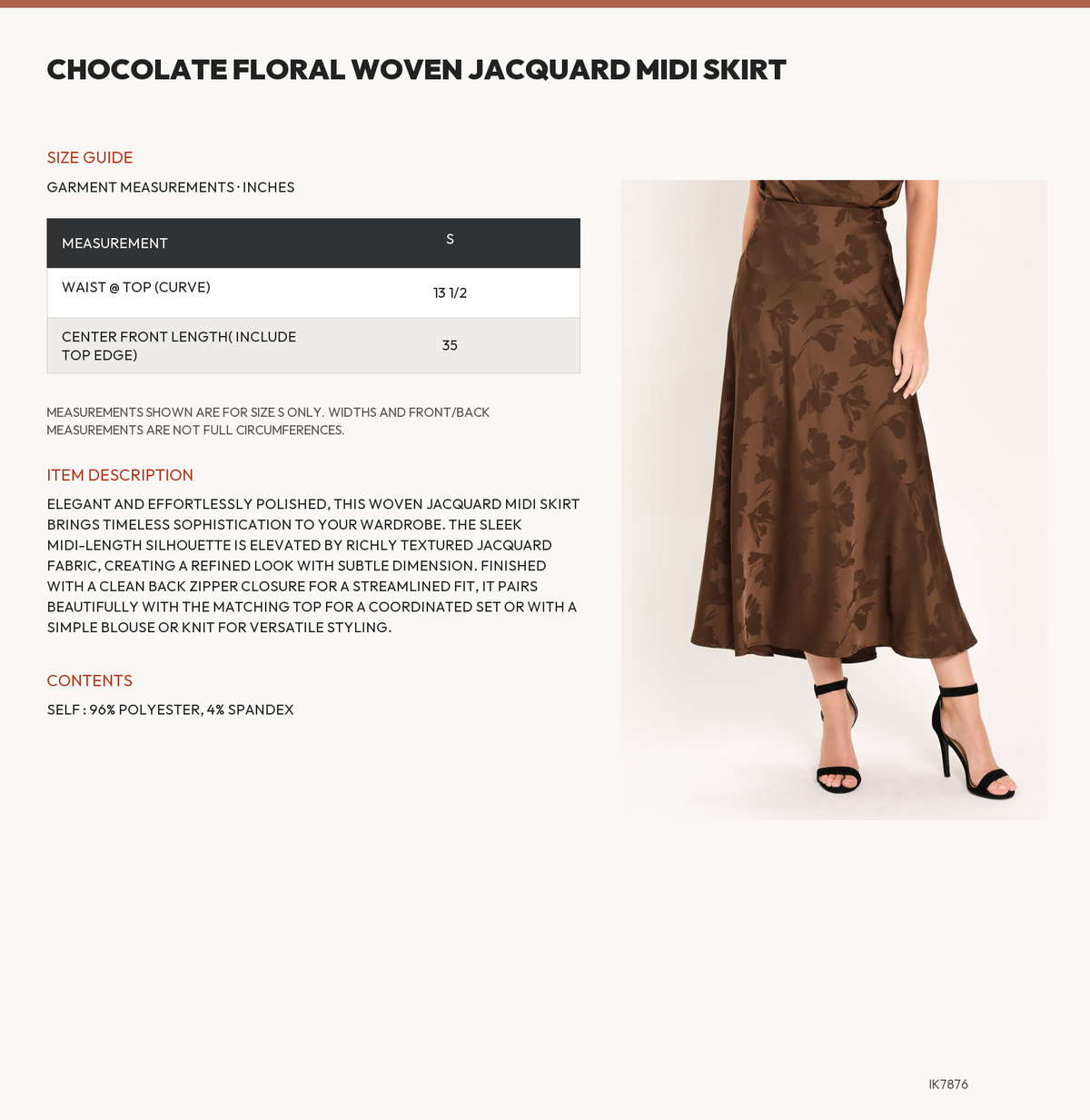 CHOCOLATE FLORAL WOVEN JACQUARD MIDI SKIRT size chart