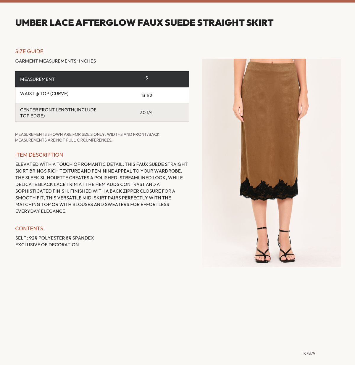 UMBER LACE AFTERGLOW FAUX SUEDE STRAIGHT SKIRT size chart