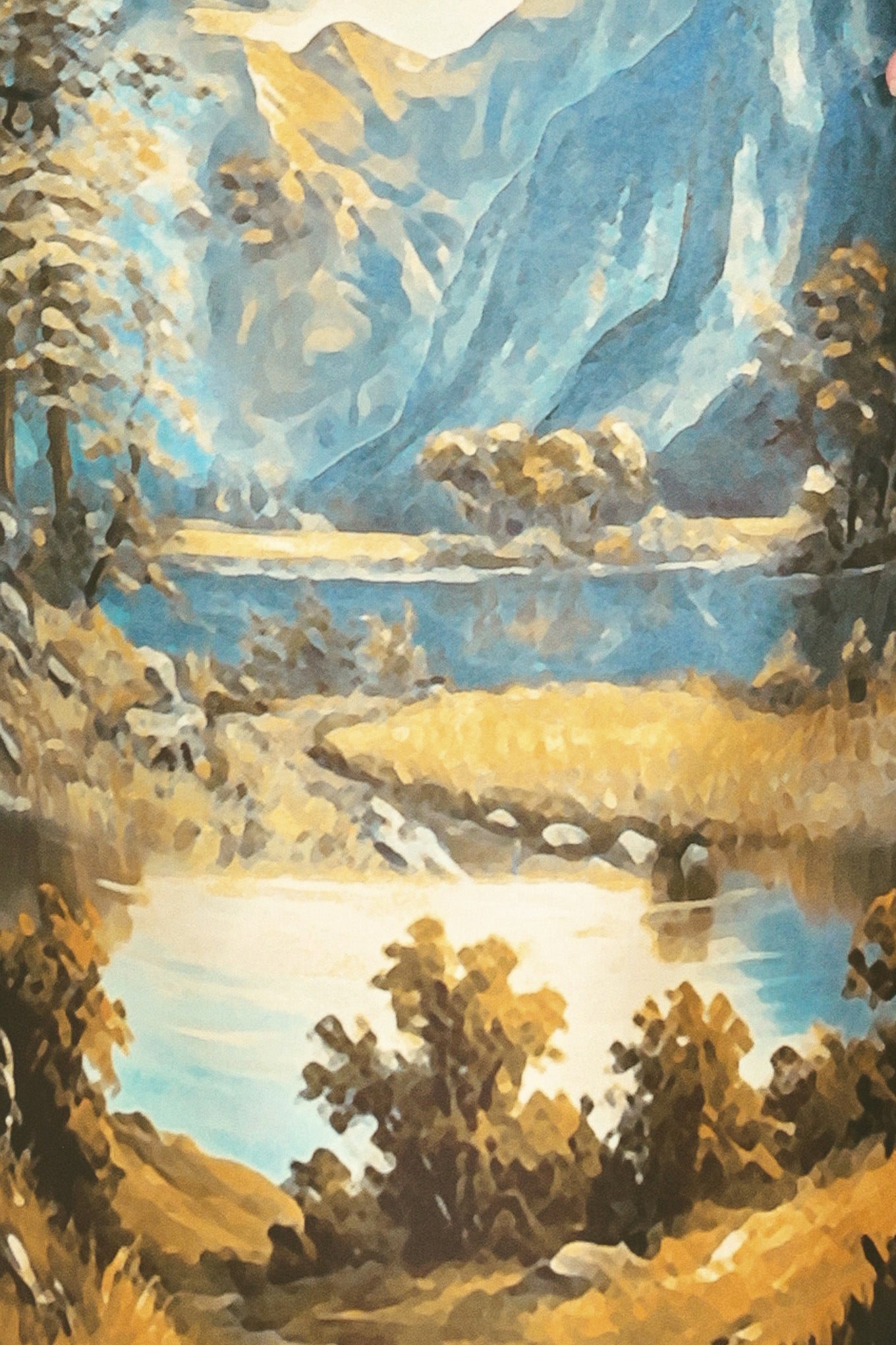 A model wearing a high-waisted midi skirt with a detailed landscape print of mountains, lakes, and trees | Flying Tomato