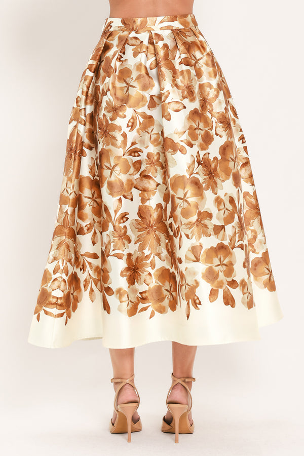 A high-waisted A-line midi skirt with a brown floral print | Flying Tomato